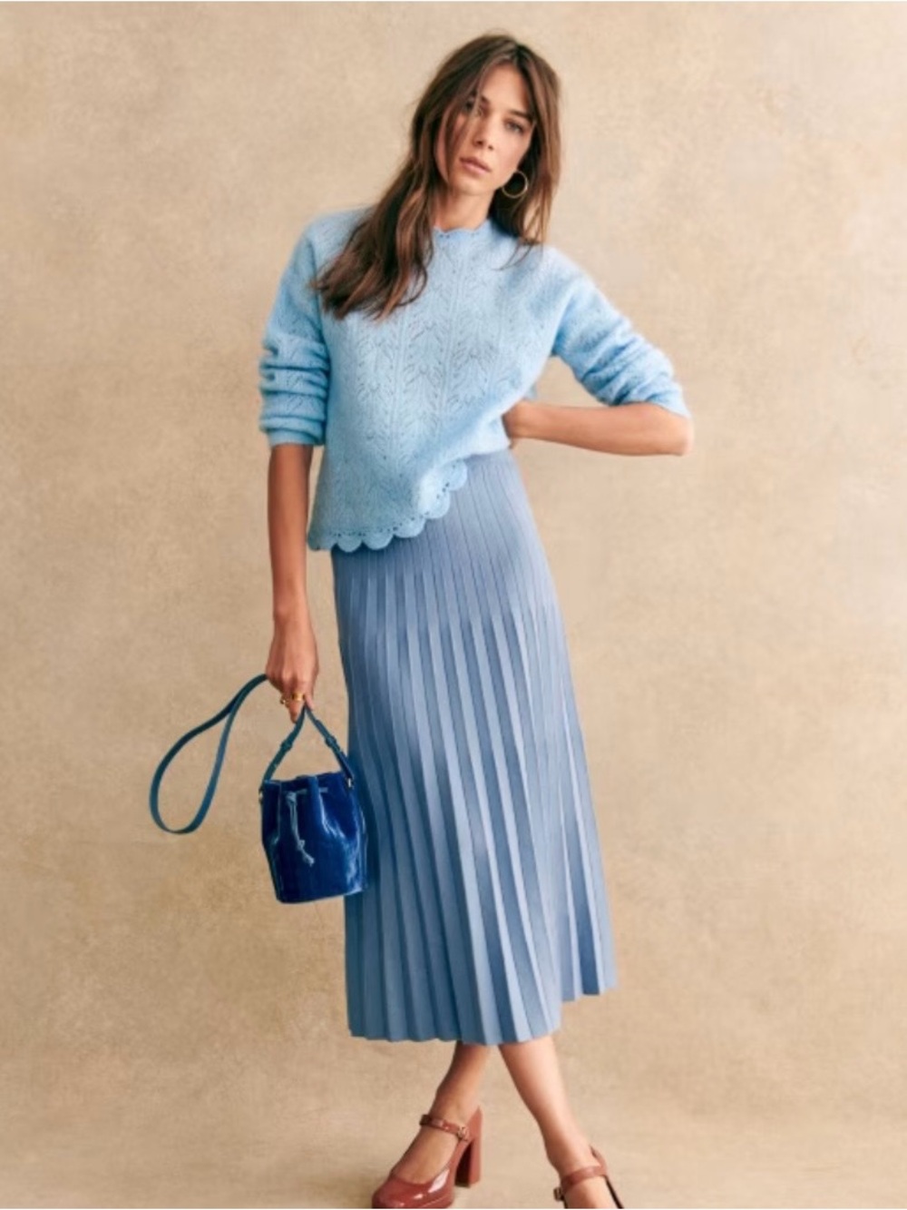 Le Maille Sezane Blue Knit Pleated Midi Skirt, Small